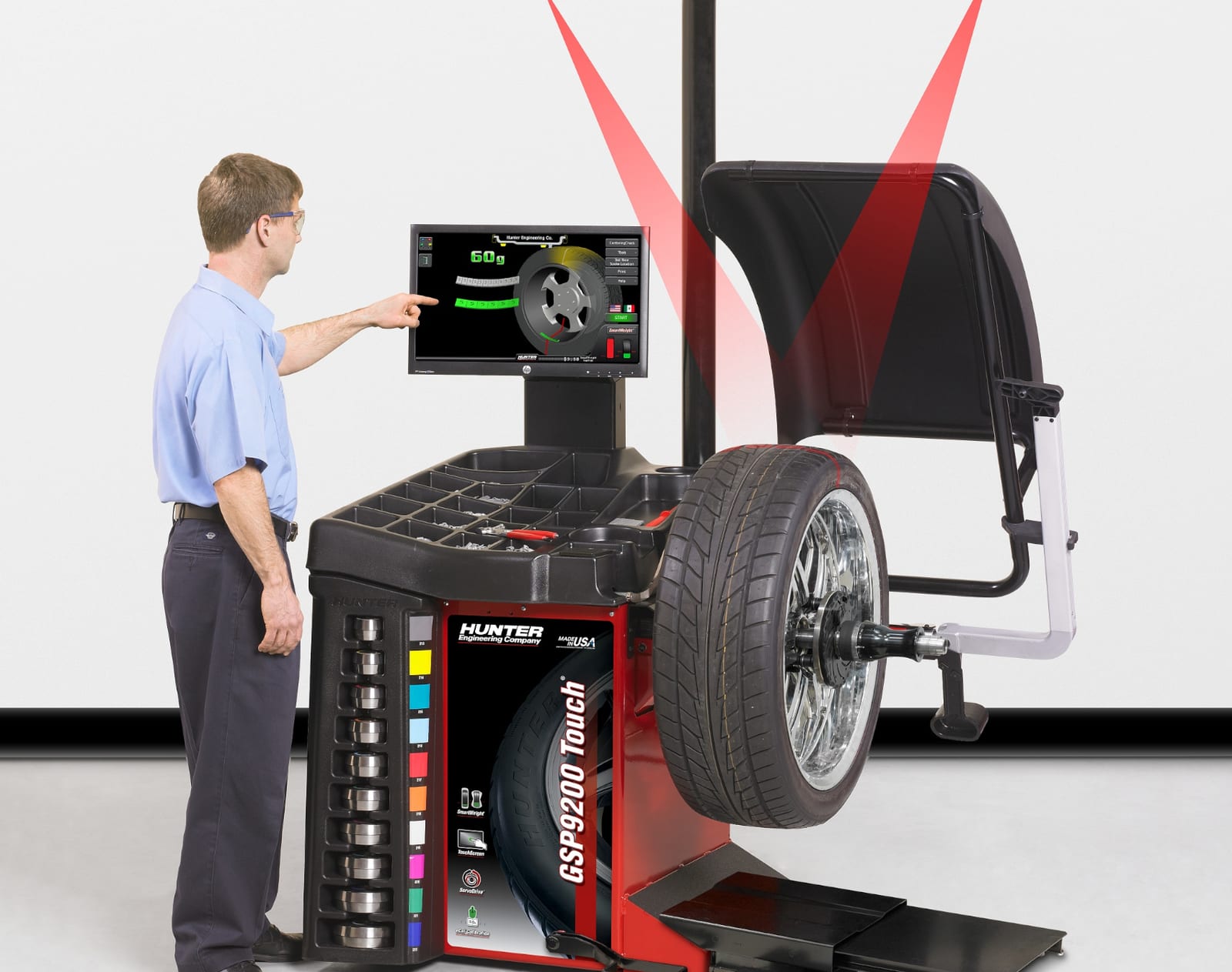Hunter GSP9200 wheel balancer with tire mounted